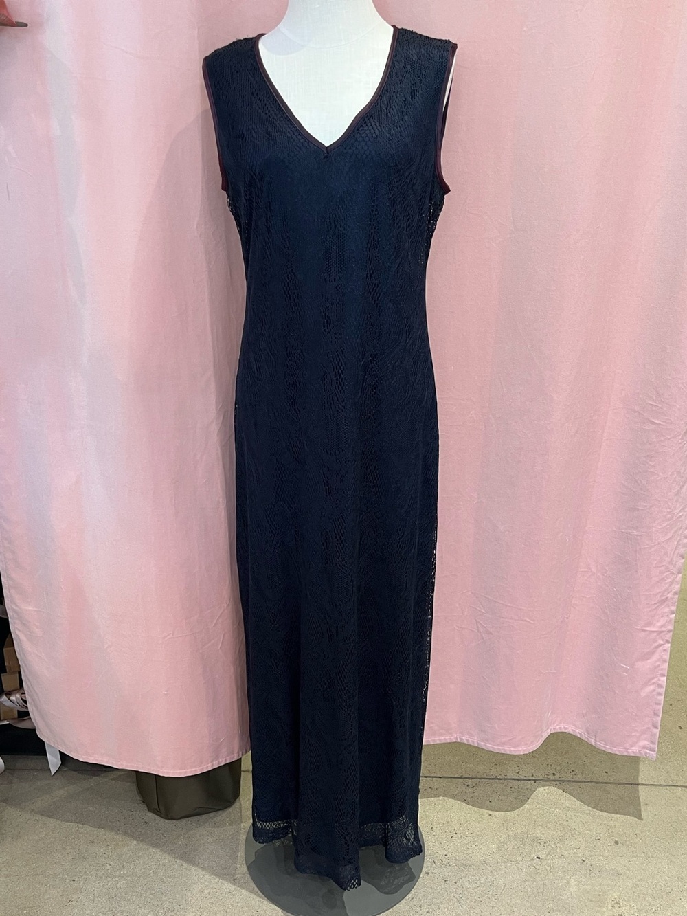 Vintage Fairweather Navy Lace Overlay Maxi Dress V-Neck Made in Canada - Size 10